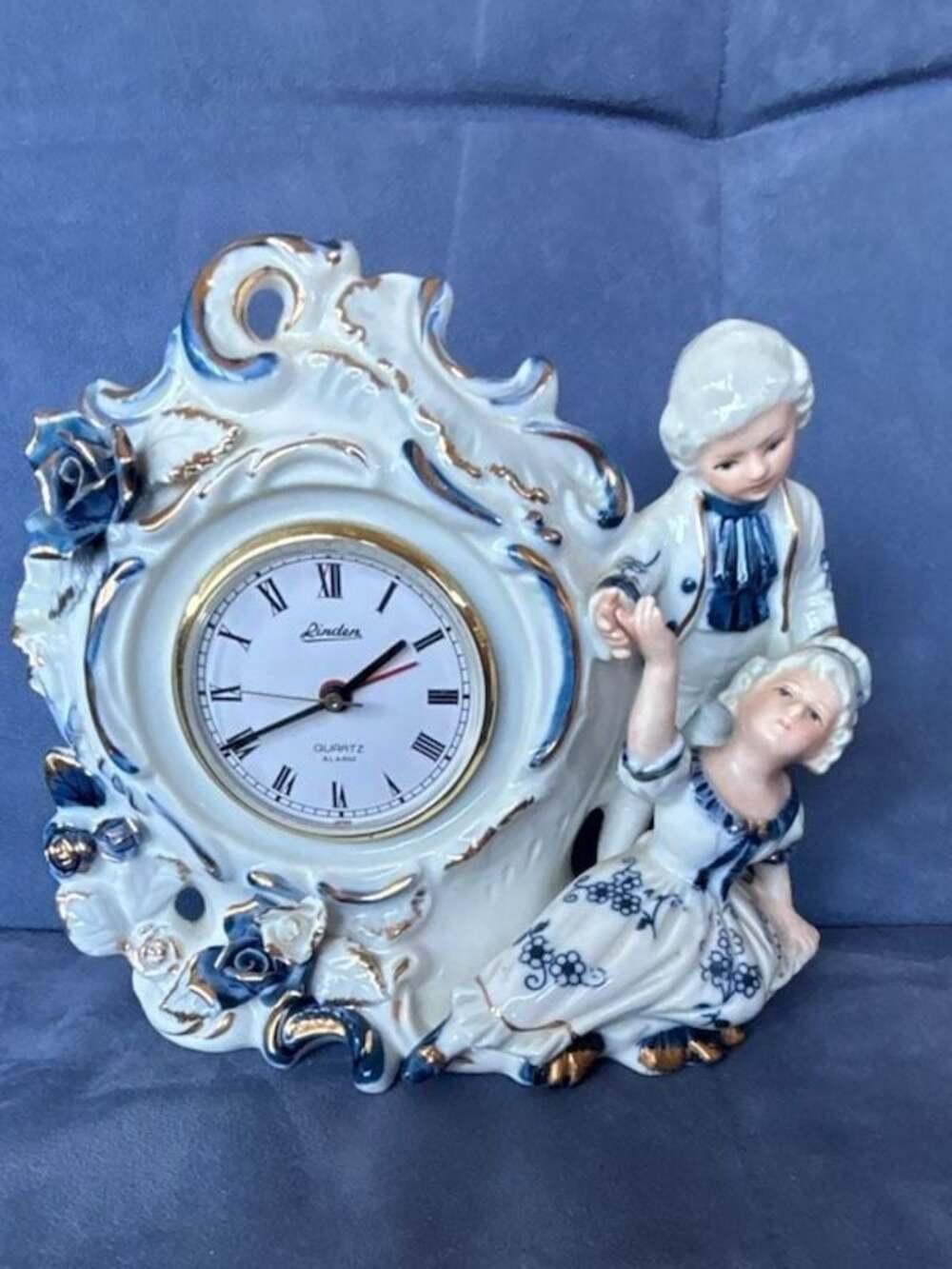 Vintage Linden Quartz Porcelain Figural Mantel Clock with Dancing Victorian Coup